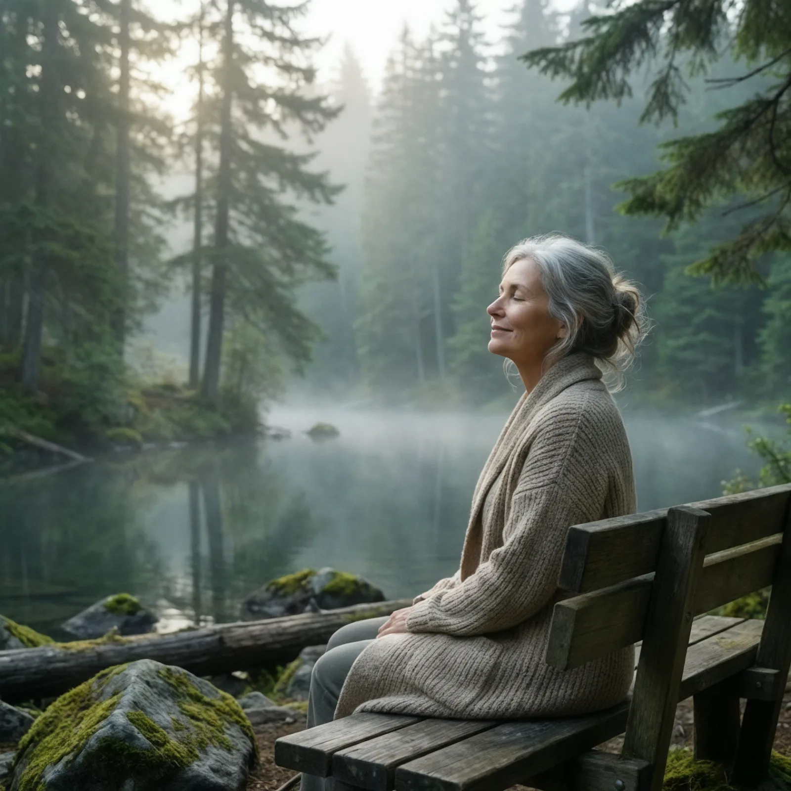 Woman relaxing by a lake, free from bladder worry